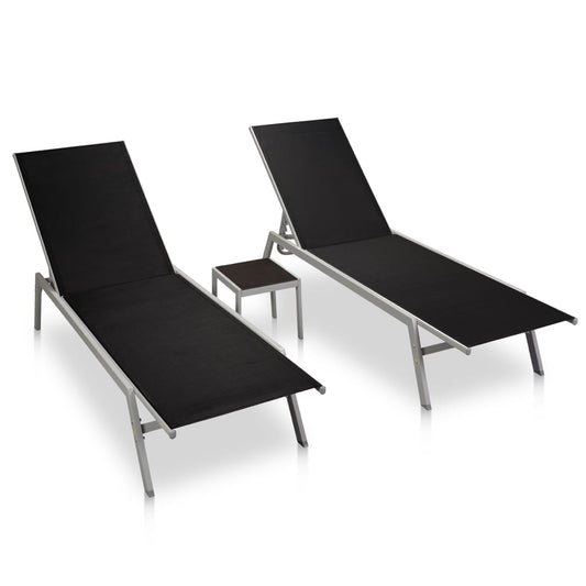 2-Piece Black Steel Sun Loungers & Table Set - Textilene Fabric