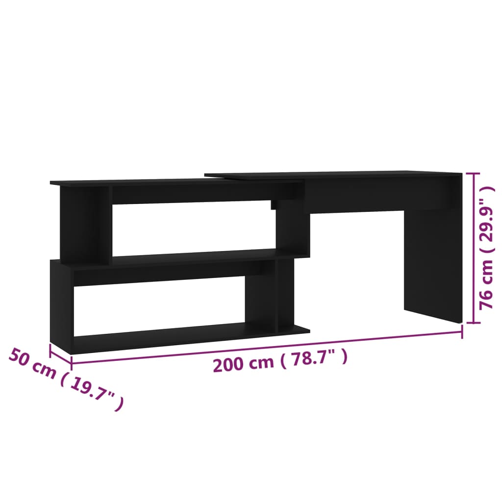 Sleek Black Corner Desk, Engineered Wood, 200x50x76 cm
