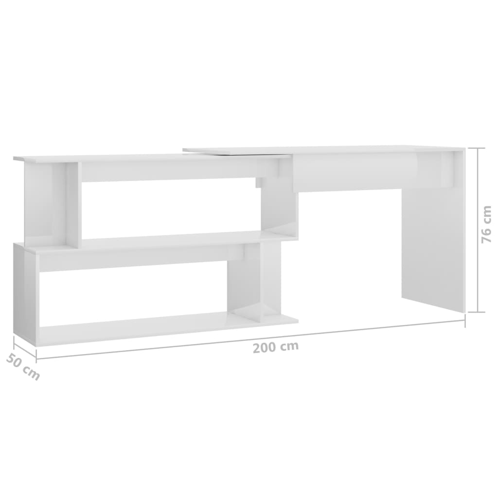 High Gloss White Corner Desk, Engineered Wood, 200x50x76 cm