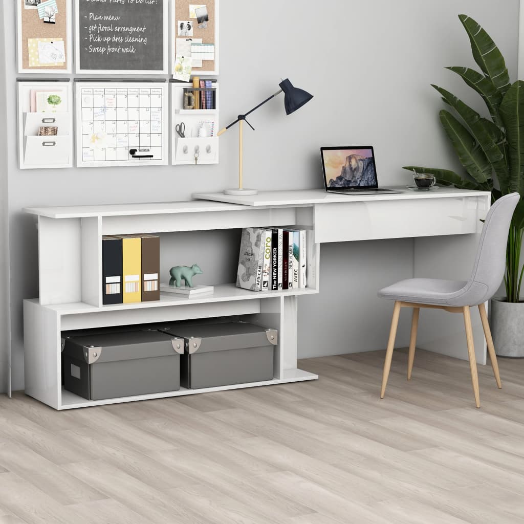 High Gloss White Corner Desk, Engineered Wood, 200x50x76 cm