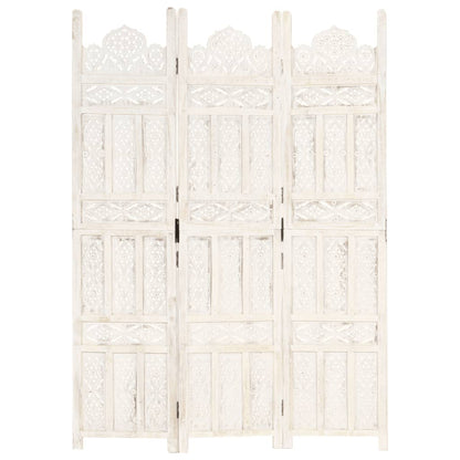 White Solid Mango Wood Hand-Carved Room Divider, 3-Panel, 120x165 cm