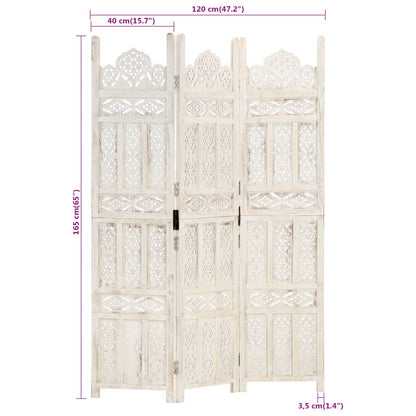 White Solid Mango Wood Hand-Carved Room Divider, 3-Panel, 120x165 cm