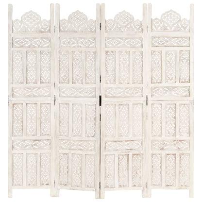 Hand-Carved White Mango Wood 4-Panel Room Divider 160x165 cm