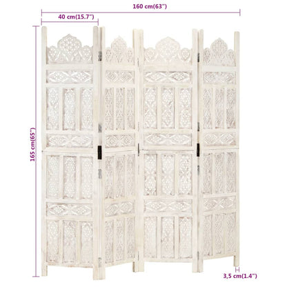 Hand-Carved White Mango Wood 4-Panel Room Divider 160x165 cm