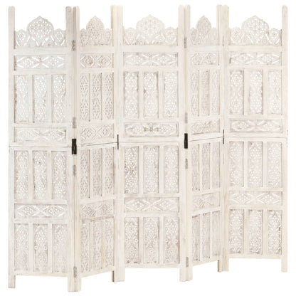 Hand-Carved White 5-Panel Room Divider, Mango Wood, 200x165 cm