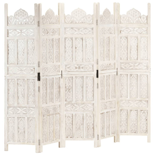 Hand-Carved White 5-Panel Room Divider, Mango Wood, 200x165 cm