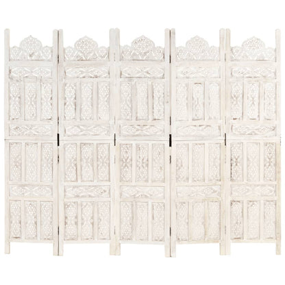 Hand-Carved White 5-Panel Room Divider, Mango Wood, 200x165 cm
