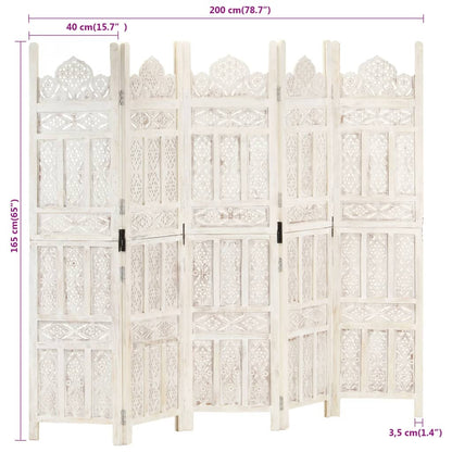 Hand-Carved White 5-Panel Room Divider, Mango Wood, 200x165 cm