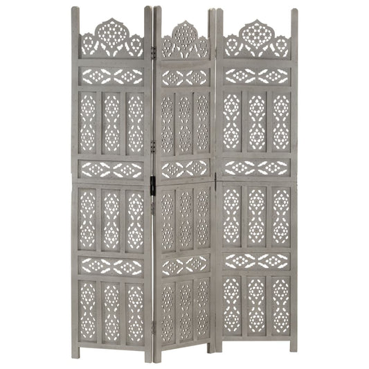 Hand-Carved Grey Solid Mango Wood 3-Panel Room Divider (120x165cm)