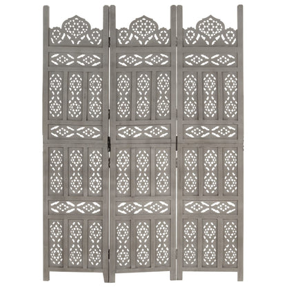 Hand-Carved Grey Solid Mango Wood 3-Panel Room Divider (120x165cm)