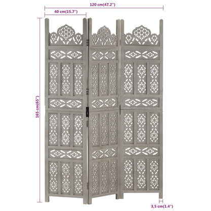 Hand-Carved Grey Solid Mango Wood 3-Panel Room Divider (120x165cm)