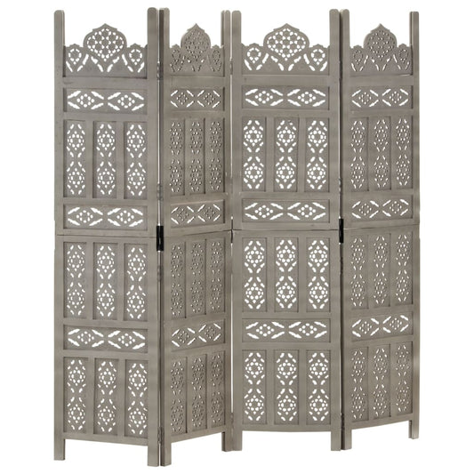 Grey Solid Mango Wood 4-Panel Room Divider - Hand Carved 160x165 cm
