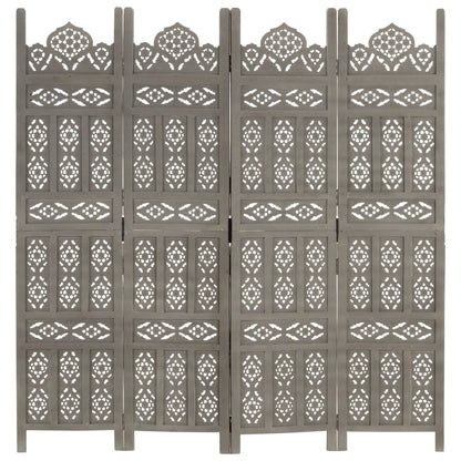 Grey Solid Mango Wood 4-Panel Room Divider - Hand Carved 160x165 cm