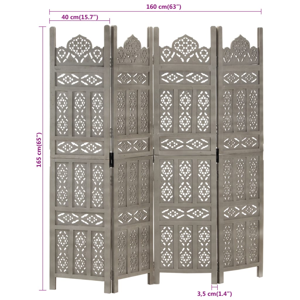 Grey Solid Mango Wood 4-Panel Room Divider - Hand Carved 160x165 cm