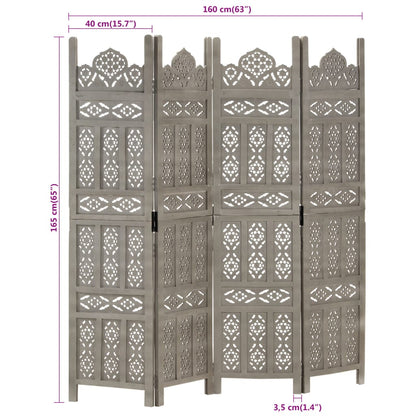 Grey Solid Mango Wood 4-Panel Room Divider - Hand Carved 160x165 cm