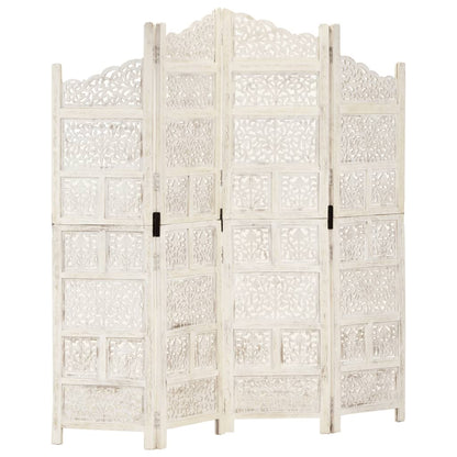 Hand-Carved White Mango Wood Room Divider, 4-Panel, 160x165 cm