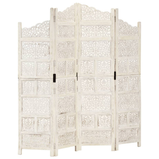 Hand-Carved White Mango Wood Room Divider, 4-Panel, 160x165 cm