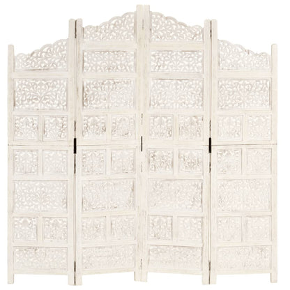 Hand-Carved White Mango Wood Room Divider, 4-Panel, 160x165 cm