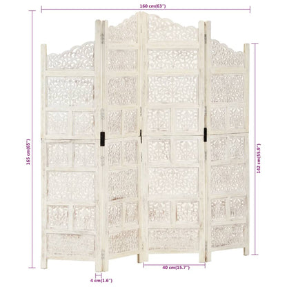 Hand-Carved White Mango Wood Room Divider, 4-Panel, 160x165 cm