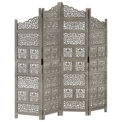 Hand-Carved Grey Mango Wood 4-Panel Room Divider 160x165 cm