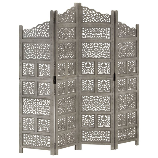 Hand-Carved Grey Mango Wood 4-Panel Room Divider 160x165 cm