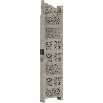 Hand-Carved Grey Mango Wood 4-Panel Room Divider 160x165 cm