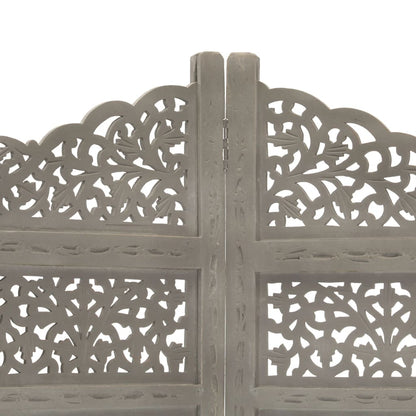 Hand-Carved Grey Mango Wood 4-Panel Room Divider 160x165 cm