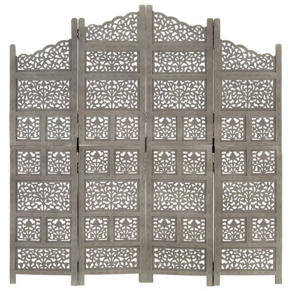 Hand-Carved Grey Mango Wood 4-Panel Room Divider 160x165 cm