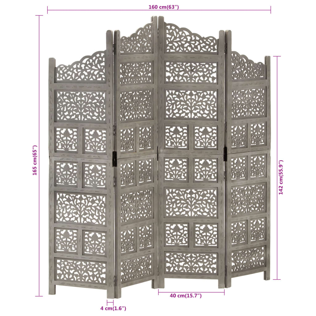 Hand-Carved Grey Mango Wood 4-Panel Room Divider 160x165 cm