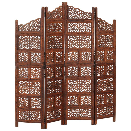 Hand-Carved Solid Mango Wood 4-Panel Brown Room Divider 160x165cm