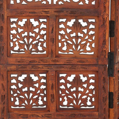 Hand-Carved Solid Mango Wood 4-Panel Brown Room Divider 160x165cm