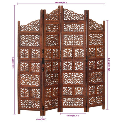 Hand-Carved Solid Mango Wood 4-Panel Brown Room Divider 160x165cm
