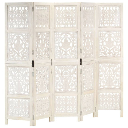 Hand-Carved White 5-Panel Room Divider - Solid Mango Wood 200x165 cm