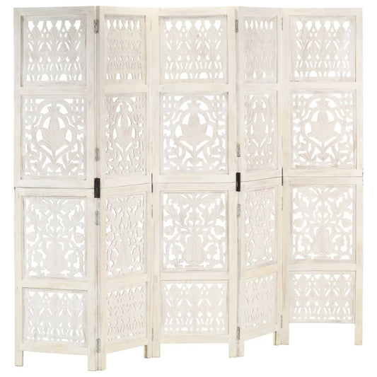 Hand-Carved White 5-Panel Room Divider - Solid Mango Wood 200x165 cm