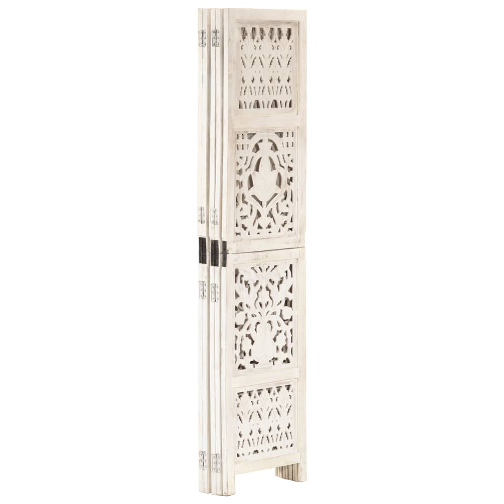 Hand-Carved White 5-Panel Room Divider - Solid Mango Wood 200x165 cm