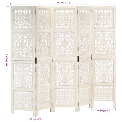 Hand-Carved White 5-Panel Room Divider - Solid Mango Wood 200x165 cm