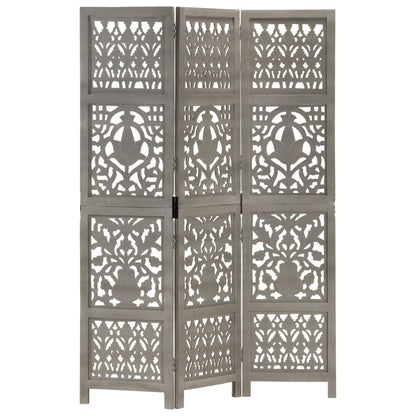 Hand-Carved Grey 3-Panel Room Divider, 120x165cm Mango Wood