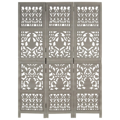 Hand-Carved Grey 3-Panel Room Divider, 120x165cm Mango Wood