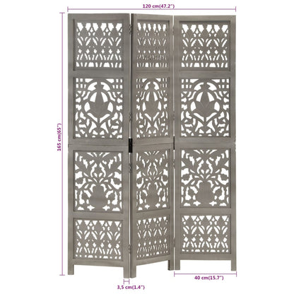 Hand-Carved Grey 3-Panel Room Divider, 120x165cm Mango Wood