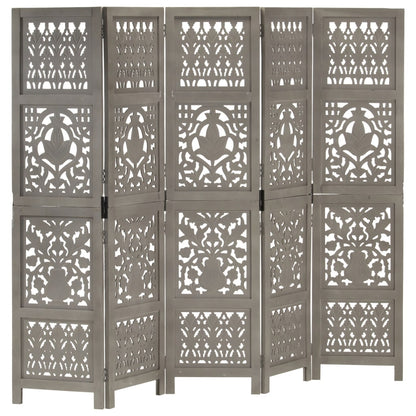 Grey Hand-Carved Mango Wood Room Divider, 5-Panel, 200x165 cm