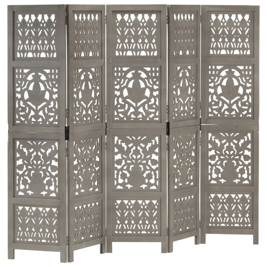 Grey Hand-Carved Mango Wood Room Divider, 5-Panel, 200x165 cm