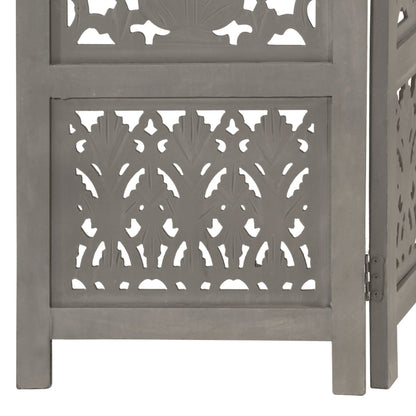 Grey Hand-Carved Mango Wood Room Divider, 5-Panel, 200x165 cm