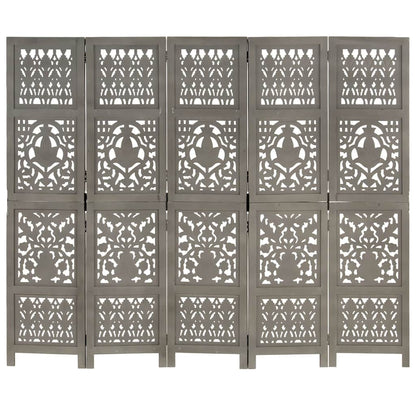 Grey Hand-Carved Mango Wood Room Divider, 5-Panel, 200x165 cm