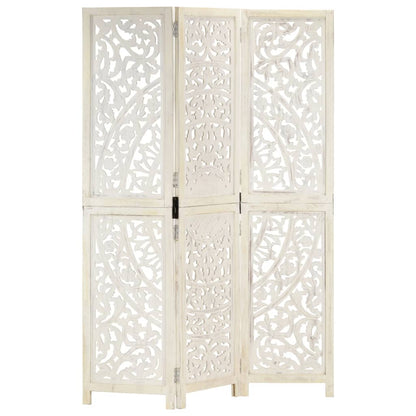 Hand Carved White Mango Wood 3-Panel Room Divider 120x165cm