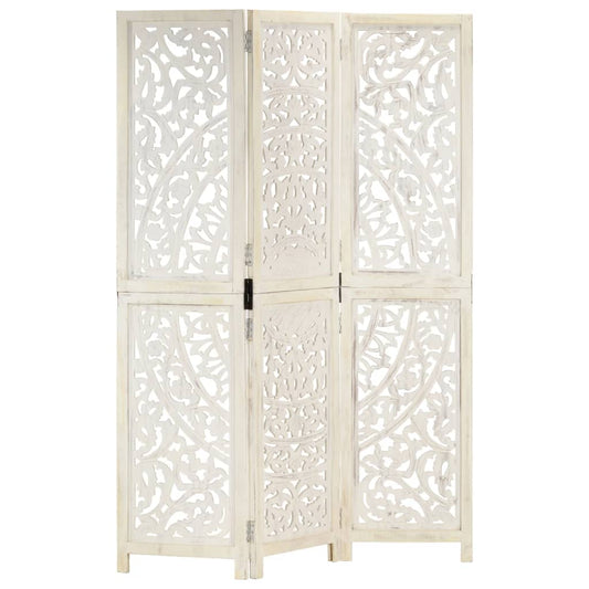 Hand Carved White Mango Wood 3-Panel Room Divider 120x165cm
