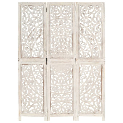 Hand Carved White Mango Wood 3-Panel Room Divider 120x165cm