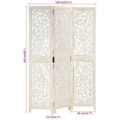 Hand Carved White Mango Wood 3-Panel Room Divider 120x165cm
