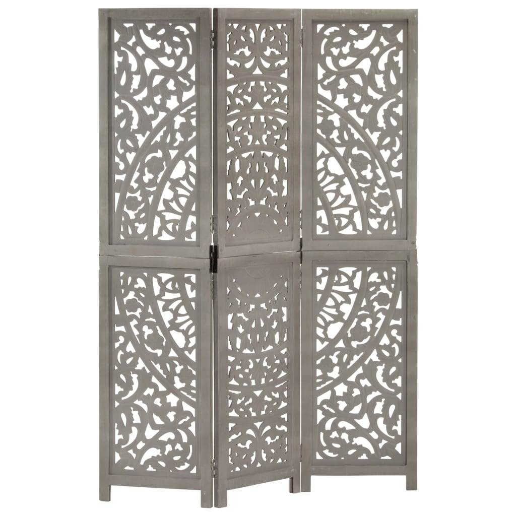 Grey 3-Panel Room Divider - Hand-Carved Solid Mango Wood Decor
