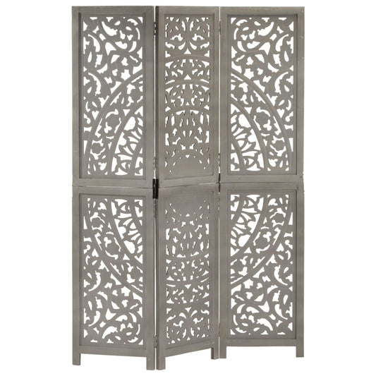 Grey 3-Panel Room Divider - Hand-Carved Solid Mango Wood Decor