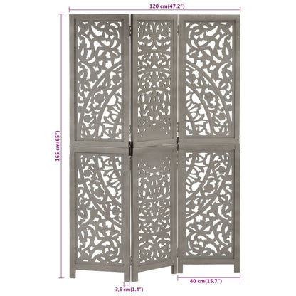 Grey 3-Panel Room Divider - Hand-Carved Solid Mango Wood Decor